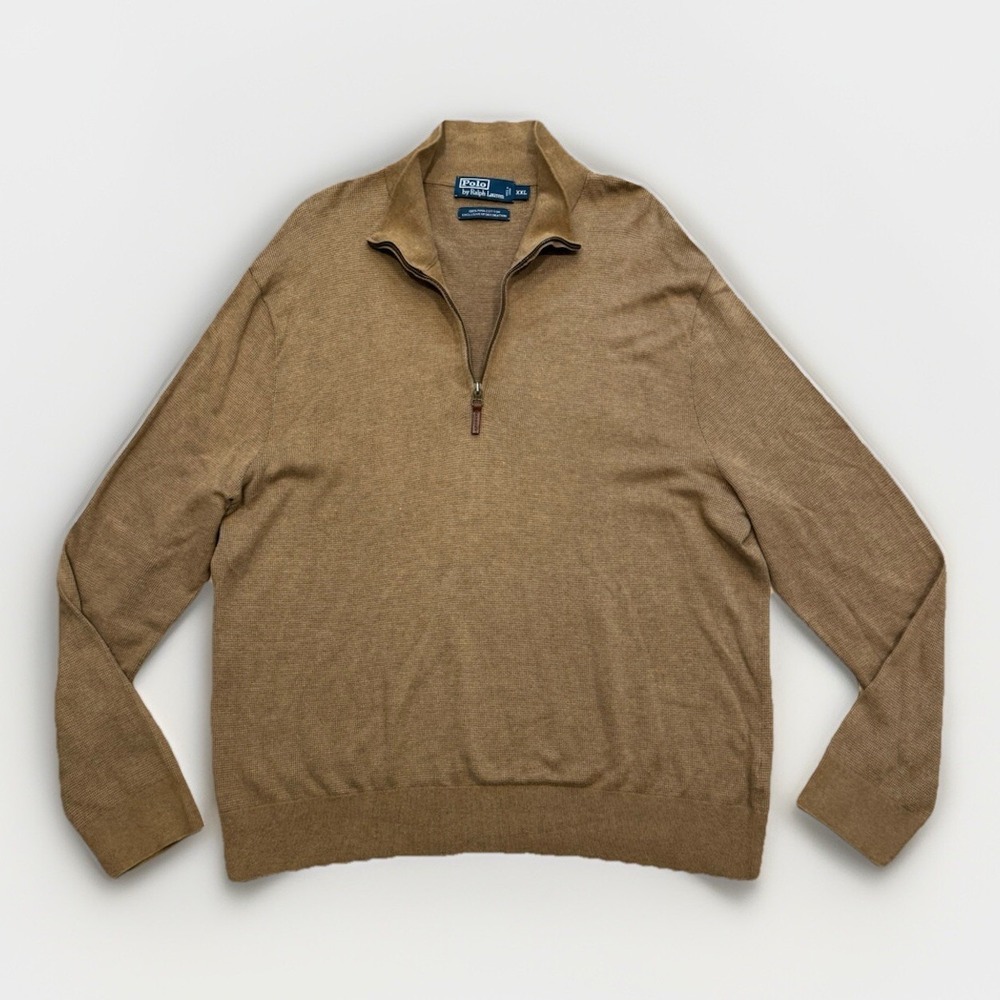 POLO RALPH LAUREN Mens XXL Pima Cotton Tan Classic Layering 1/4 Zip Sweater